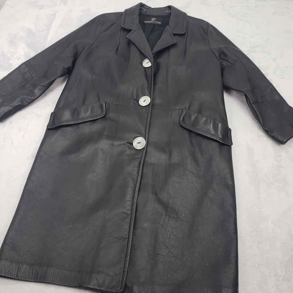 Vintage W.  Lewis Black Leather Classic Button Front Midi Trench‎ Coat Women's
